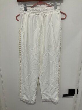 Women's Solid Color Elastic Waist Fashion Cut Lace Casual Pants, White, Medium